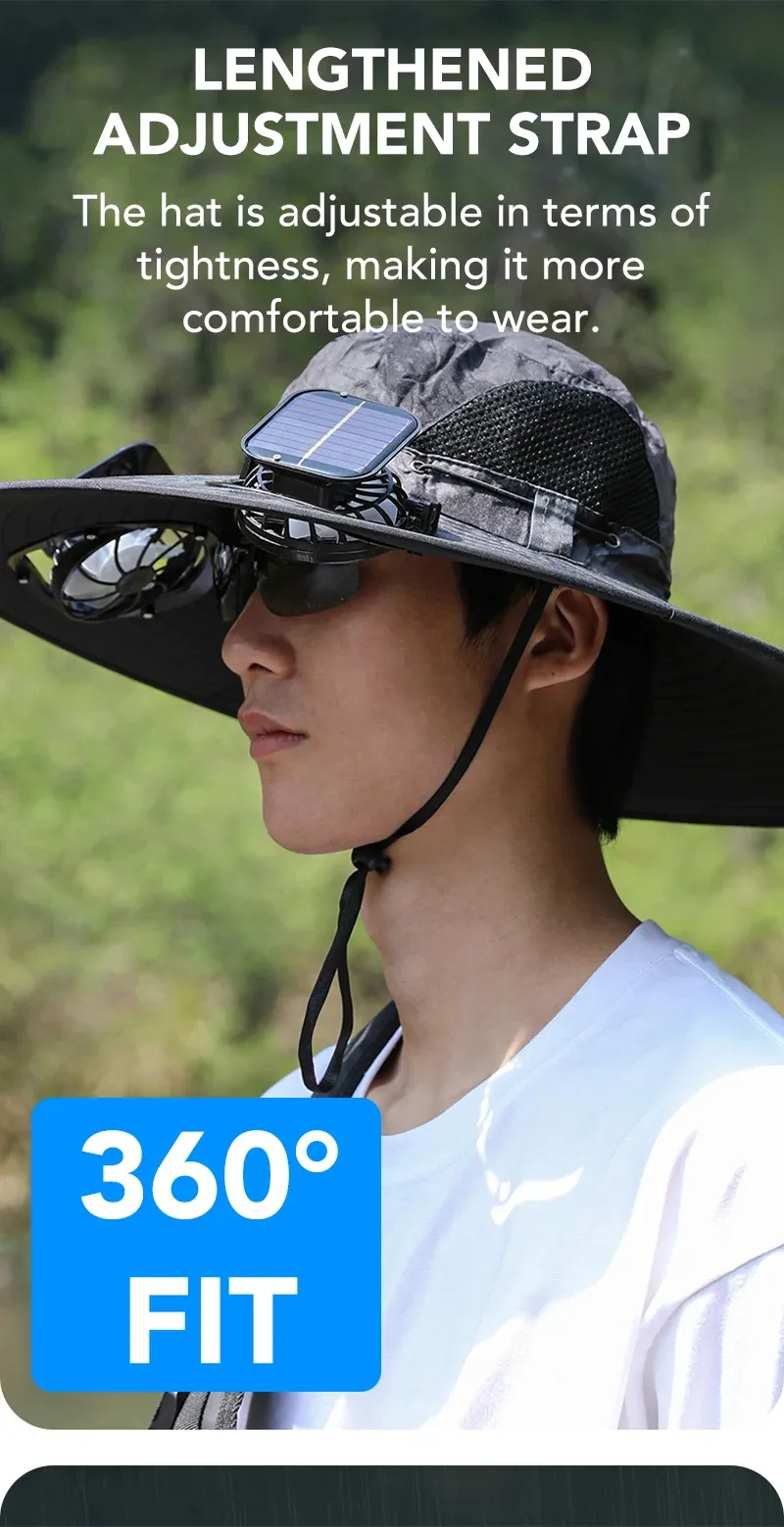 Persona con sombrero de ventilador solar y ajuste 360 grados