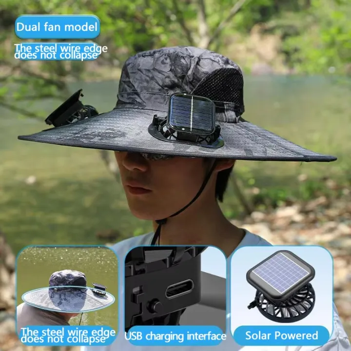 Usuario junto al río con puerto USB y panel solar