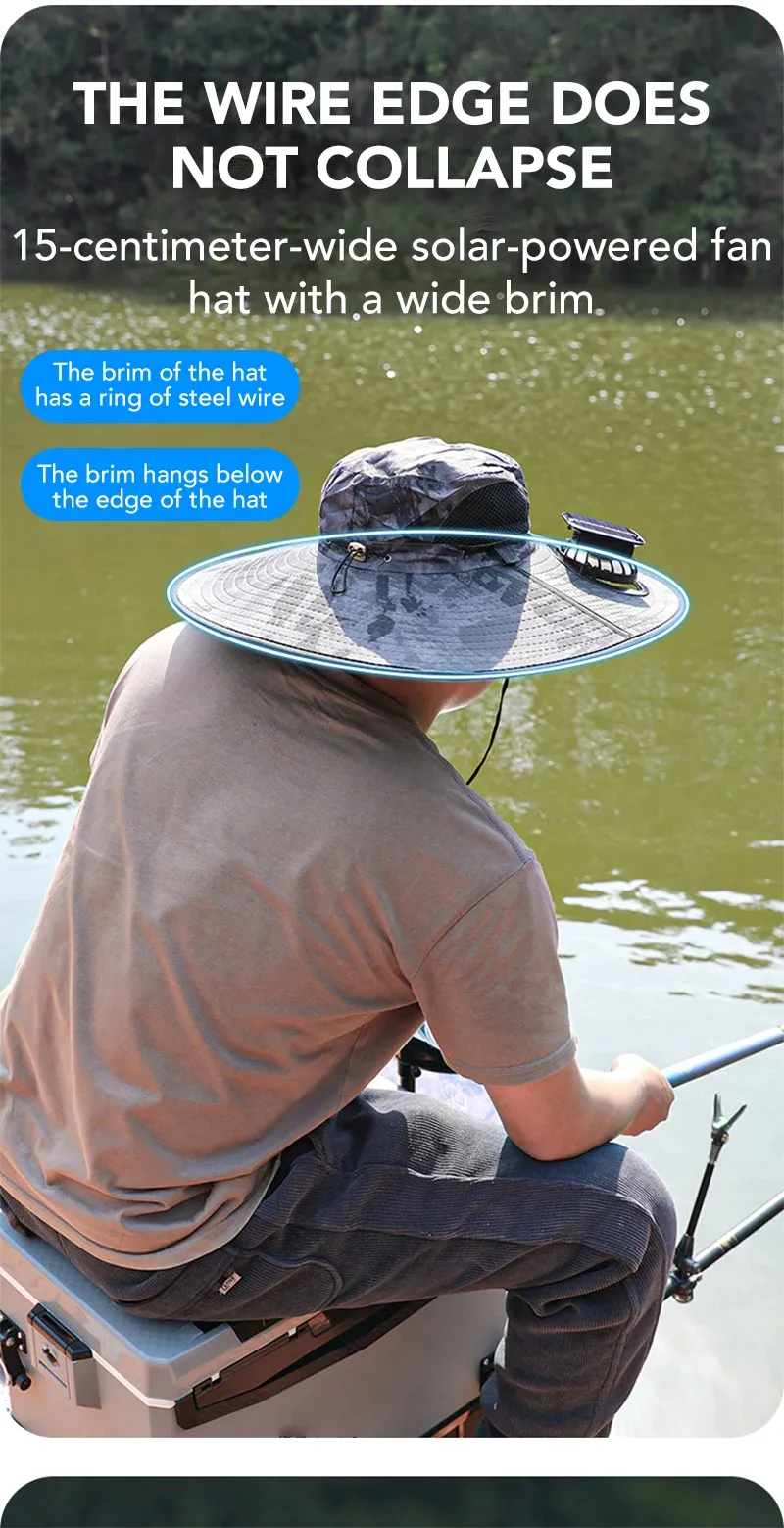 Persona pescando con sombrero de ventilador solar de ala con aro de acero