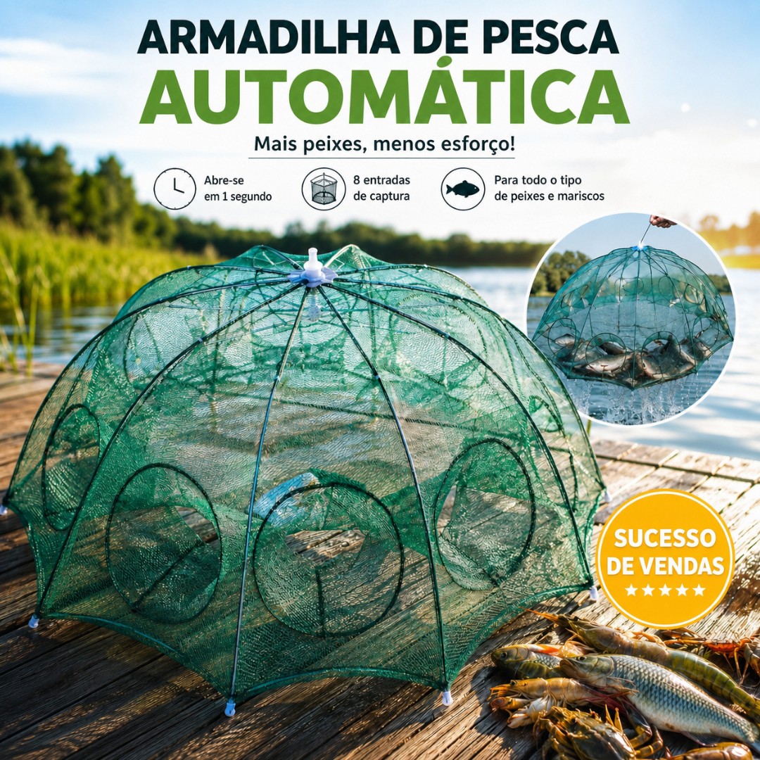 Gaiola de rede de pesca azul num pontão de madeira à beira do lago