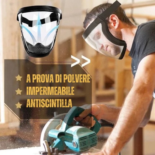Utente con visiera durante il taglio del legno, protezione da polvere e acqua